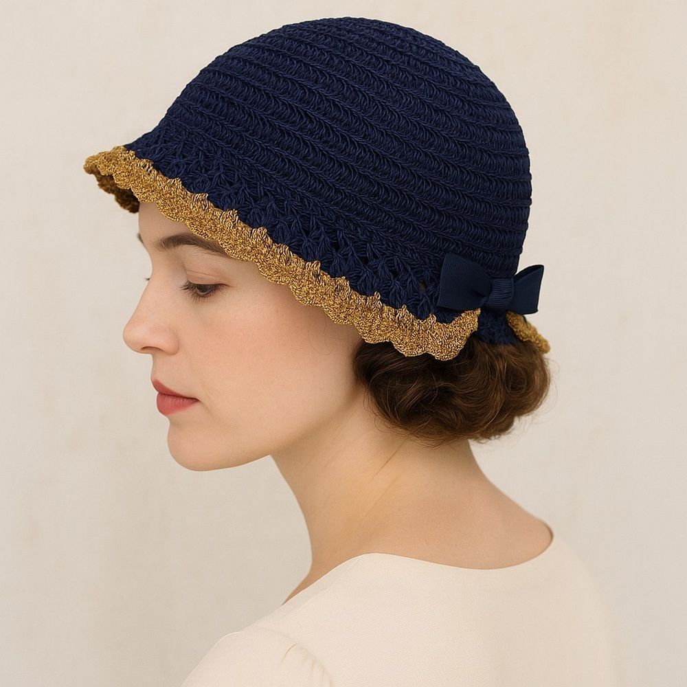 Vintage 1930s Navy Crochet Cloche Hat Gold Lace Trim Ribbon Bow Women’s One Size